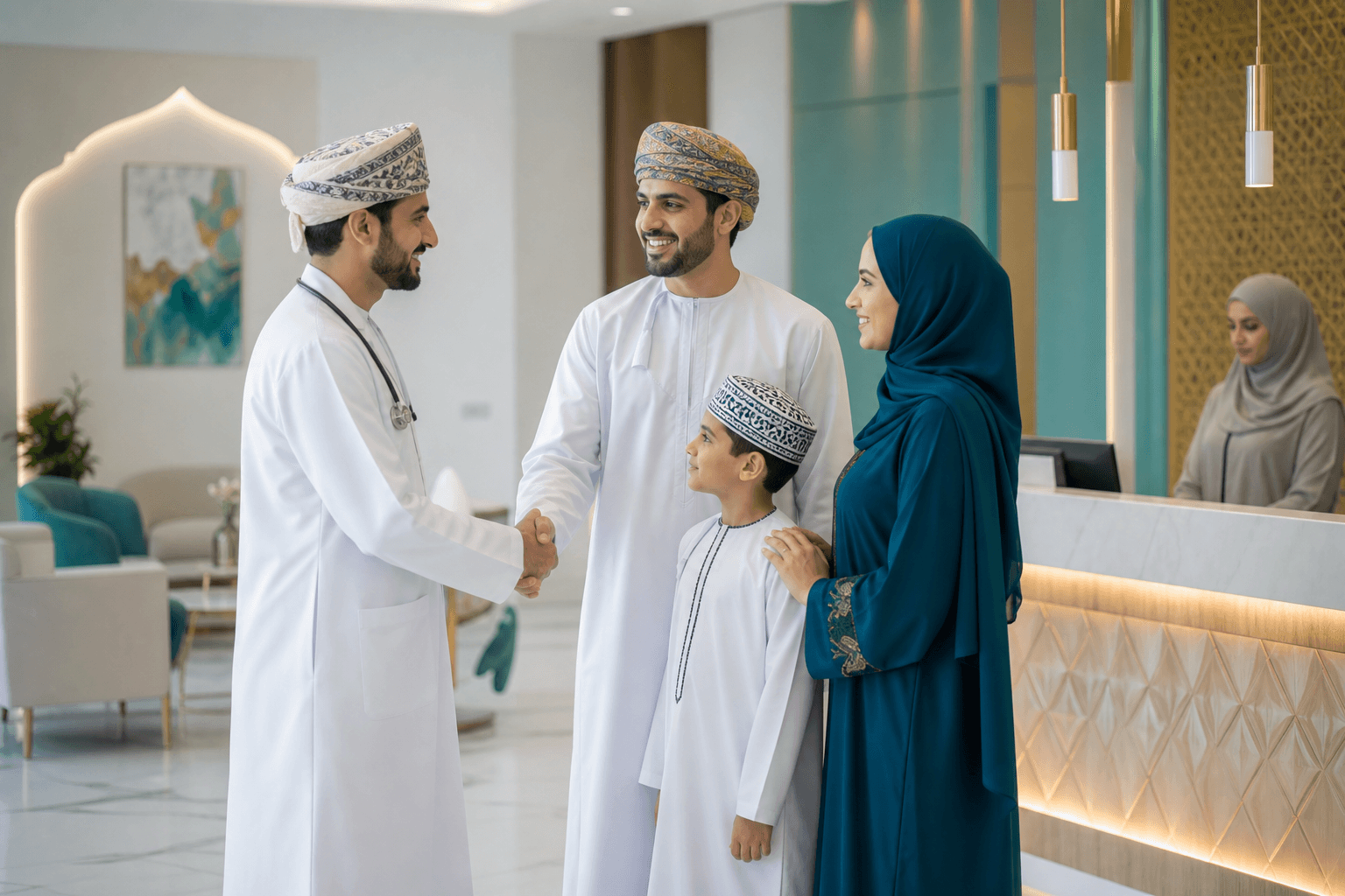 طبيب في عيادة حديثة يستقبل عائلة في عمان